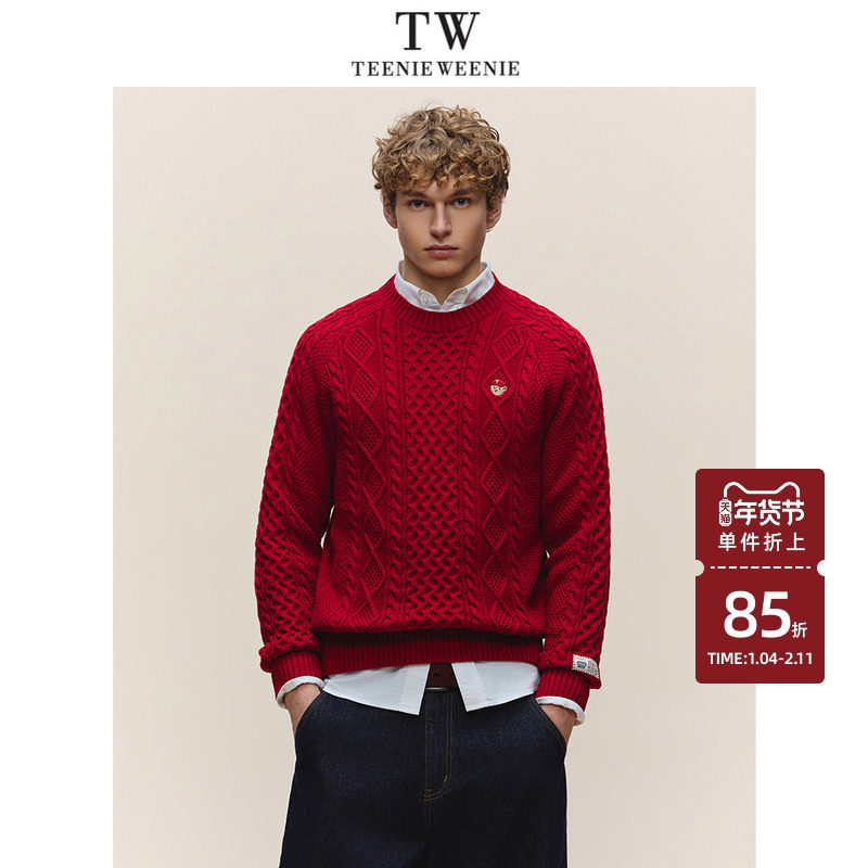 Teenie Weenie小熊男装休闲简约慵懒风纯色舒适绞花圆领