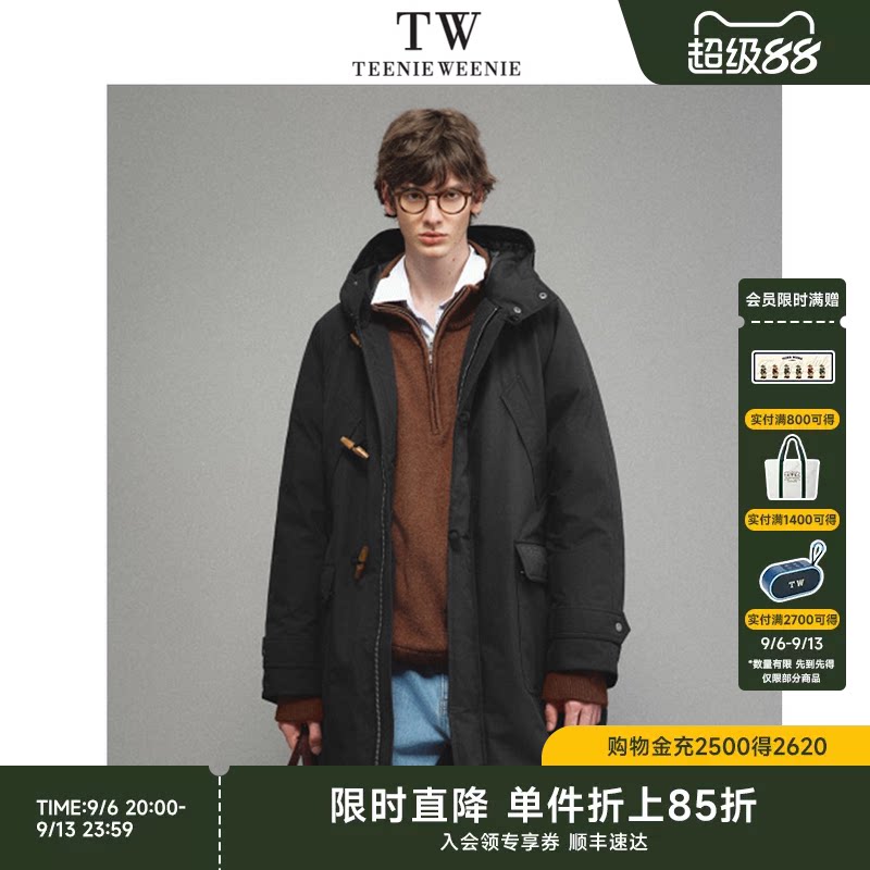 TeenieWeenie小熊男装轻盈三防90鸭绒防风连帽牛角扣长款羽绒服