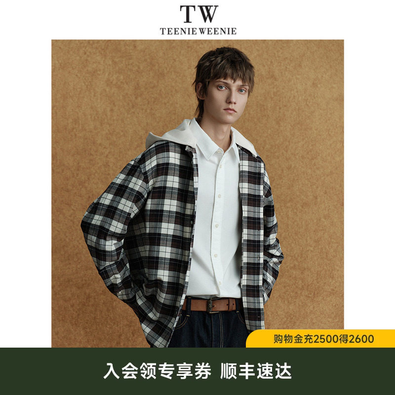 TeenieWeenie小熊男装衬衣可拆卸帽日系休闲日常宽松格纹长袖衬衫