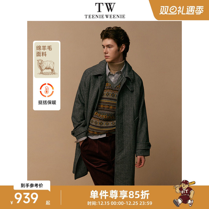 TeenieWeenie小熊男装简约时尚毛呢大衣春季人字纹中长款