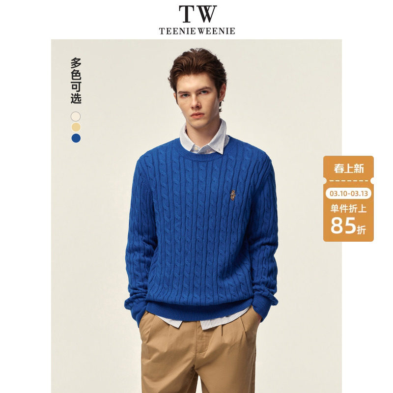 TeenieWeenie小熊男女同款毛衣2025春新款圆领复古时尚绞花针织衫