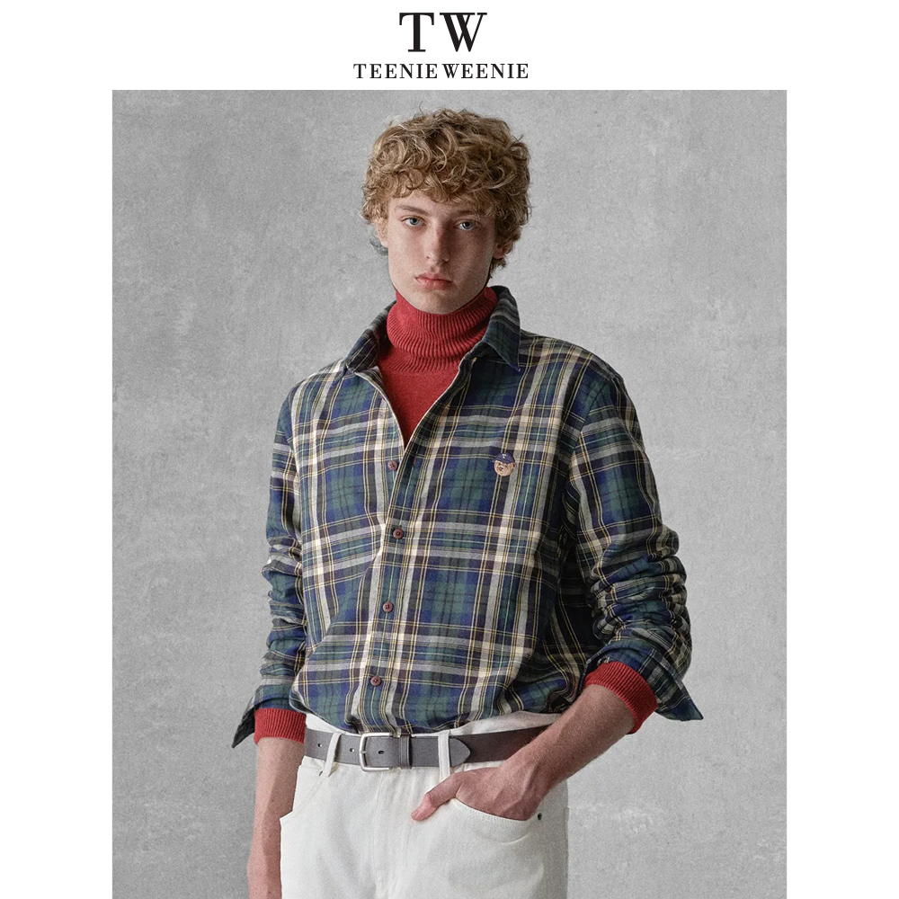 Teenie Weenie小熊男装简约休闲宽松刺绣拼接格纹翻领衬