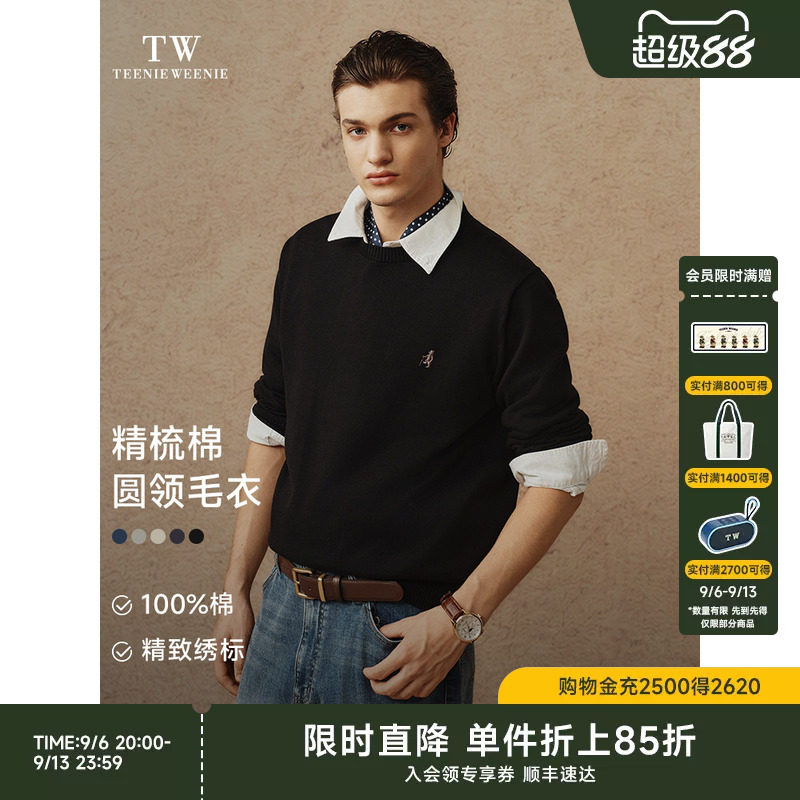 TeenieWeenie小熊男装长袖休闲风纯棉套头圆领刺绣保暖针织衫毛衣