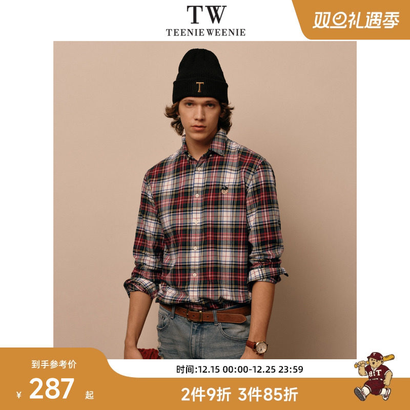 TeenieWeenie小熊男装红色格纹衬衫2025春季新款复古