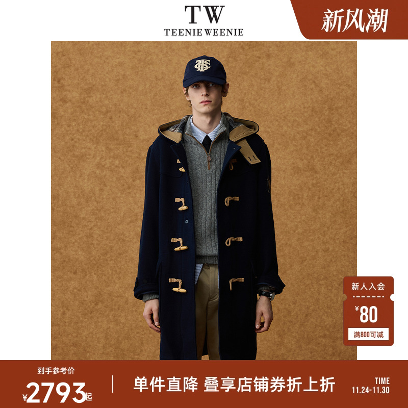 Teenie Weenie小熊男装牛角扣中长款复古通勤保暖毛呢外套
