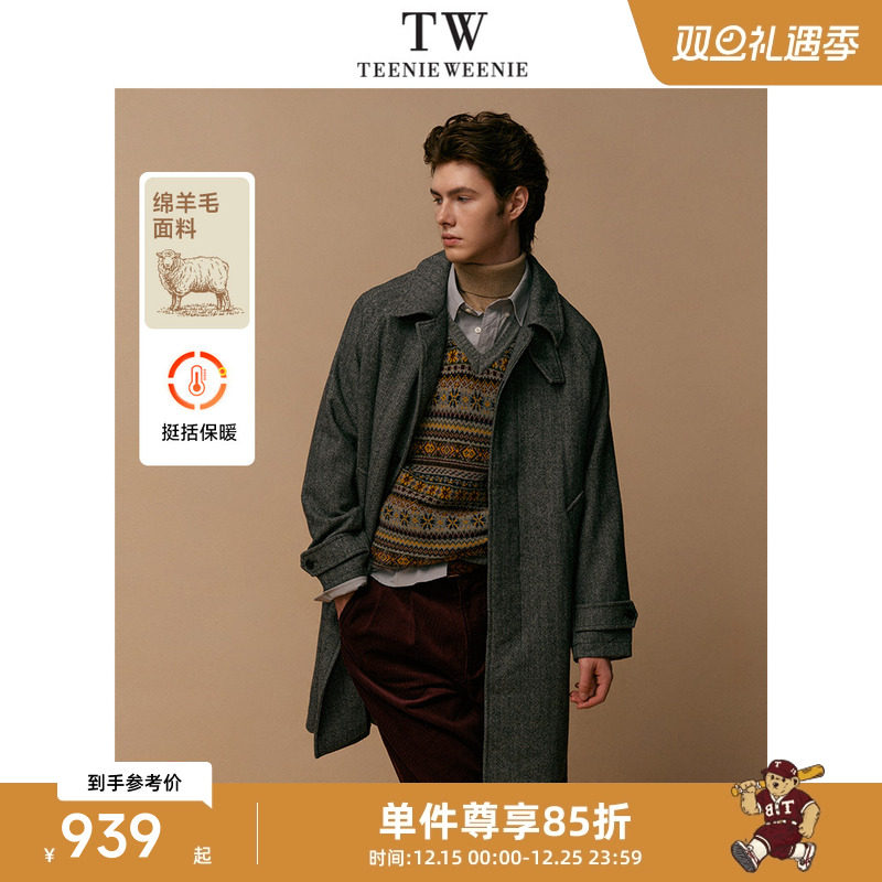 TeenieWeenie小熊男装简约时尚毛呢大衣春季人字纹中长款