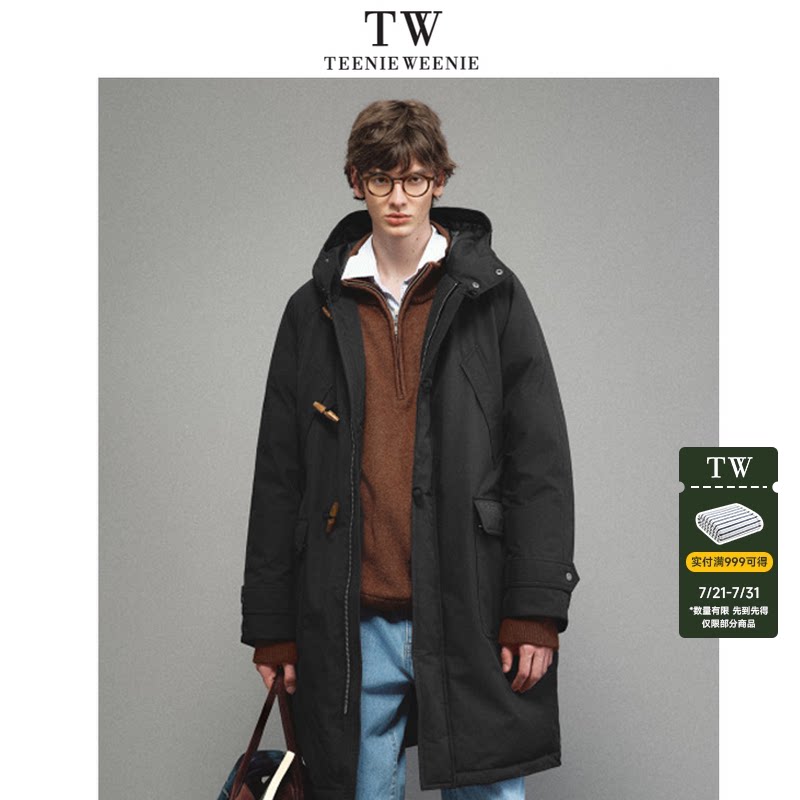 TeenieWeenie小熊男装轻盈三防90鸭绒防风连帽牛角扣长款羽绒服