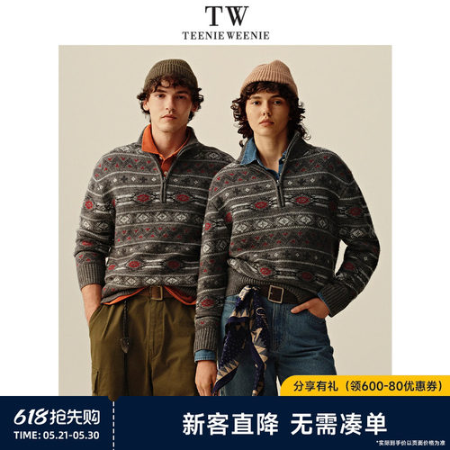 TeenieWeenie小熊男装绵羊毛混纺宽松半拉链立领法式慵懒休闲毛衣