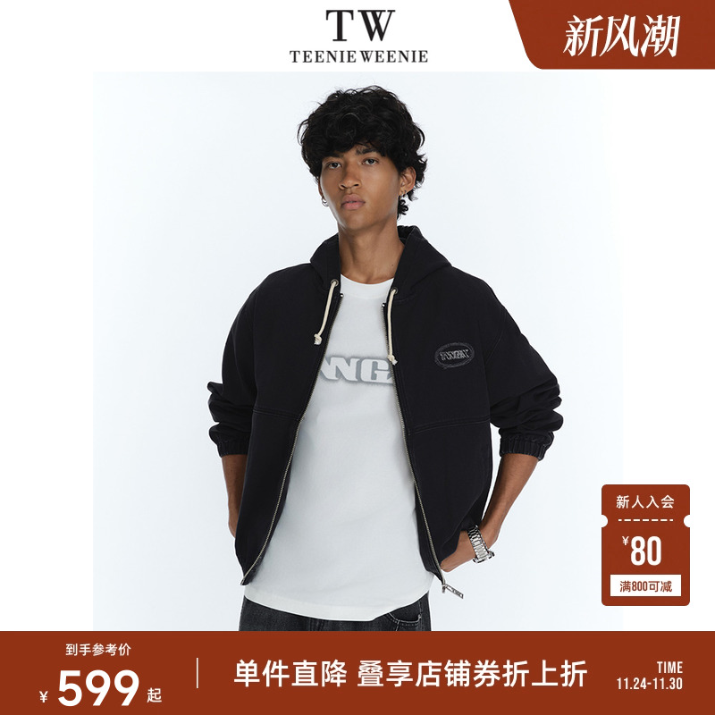 Teenie Weenie小熊男装复古水洗做旧帆布舒适街头风连帽牛仔夹克