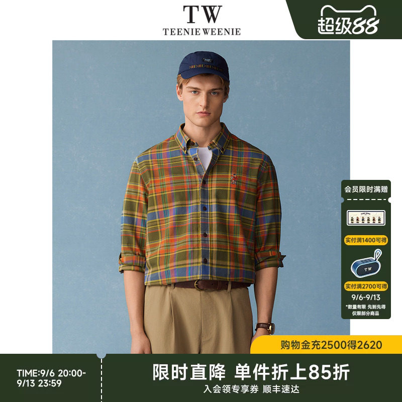 TeenieWeenie小熊男装2026年夏季新款休闲纯棉长袖格子衬衫男款潮