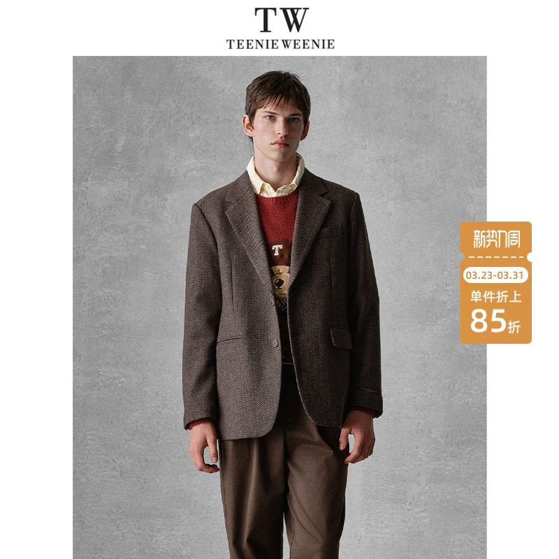 TeenieWeenie小熊男装翻领冬季商务休闲西装翻领毛呢外套薄垫肩