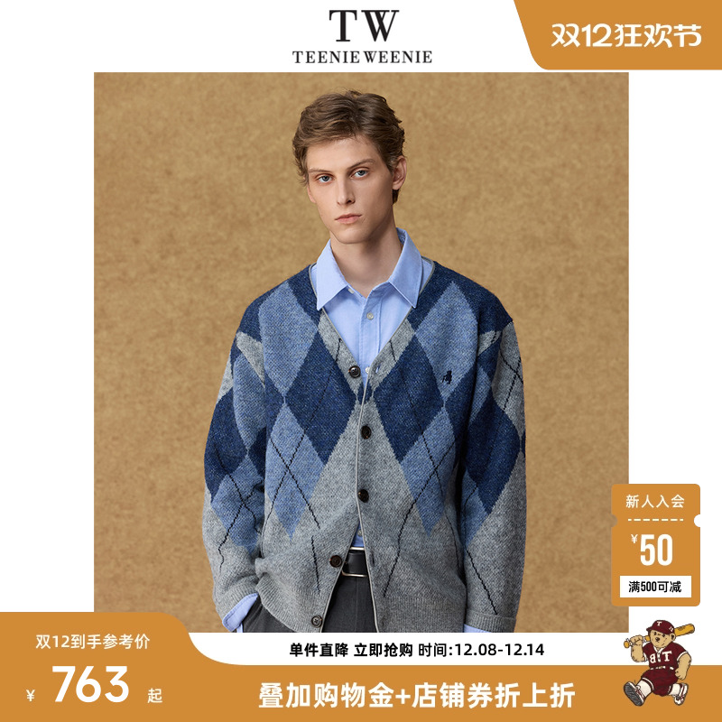 Teenie Weenie小熊男装宽松慵懒日系菱形Y领开衫针织毛衣