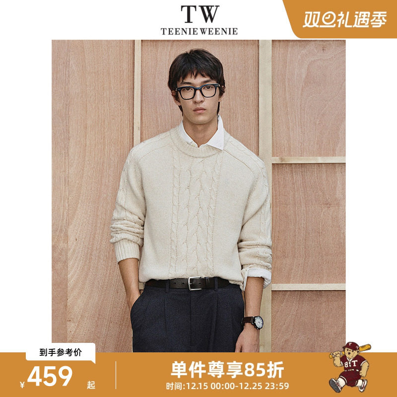 Teenie Weenie小熊男装复古绞花微阔落肩舒适圆领质感毛