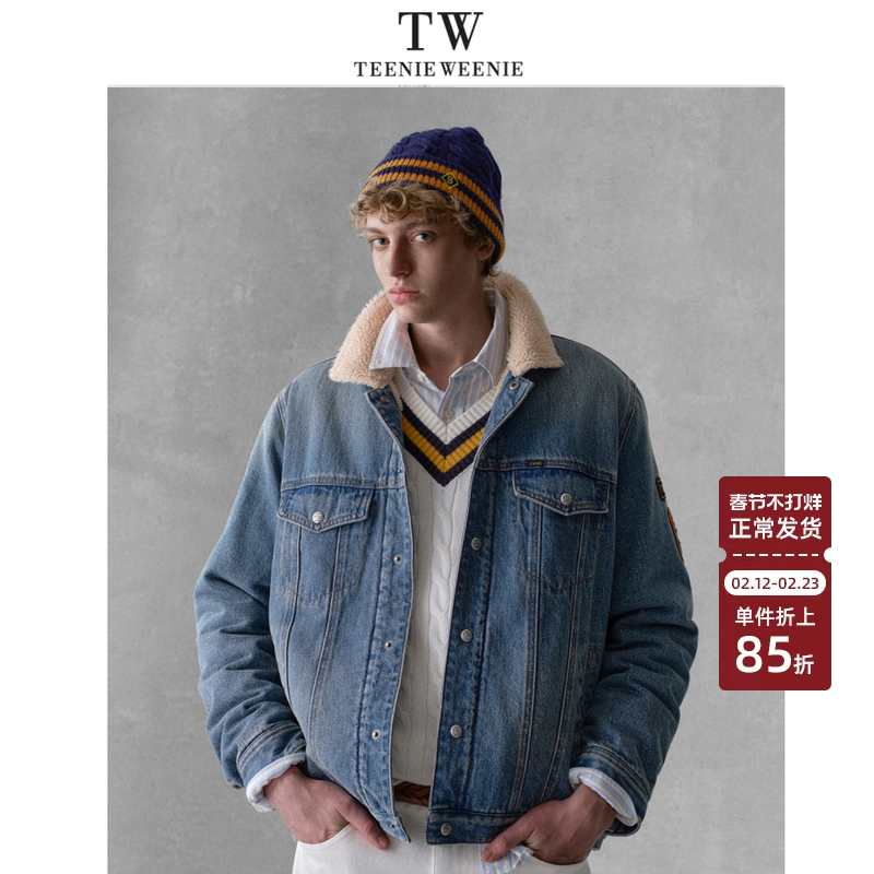 Teenie Weenie小熊男装休闲通勤牛仔拼接仿羊羔毛翻领夹克外套