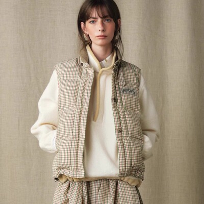 MARCHEN棒球领格纹鹿谷羽绒马甲