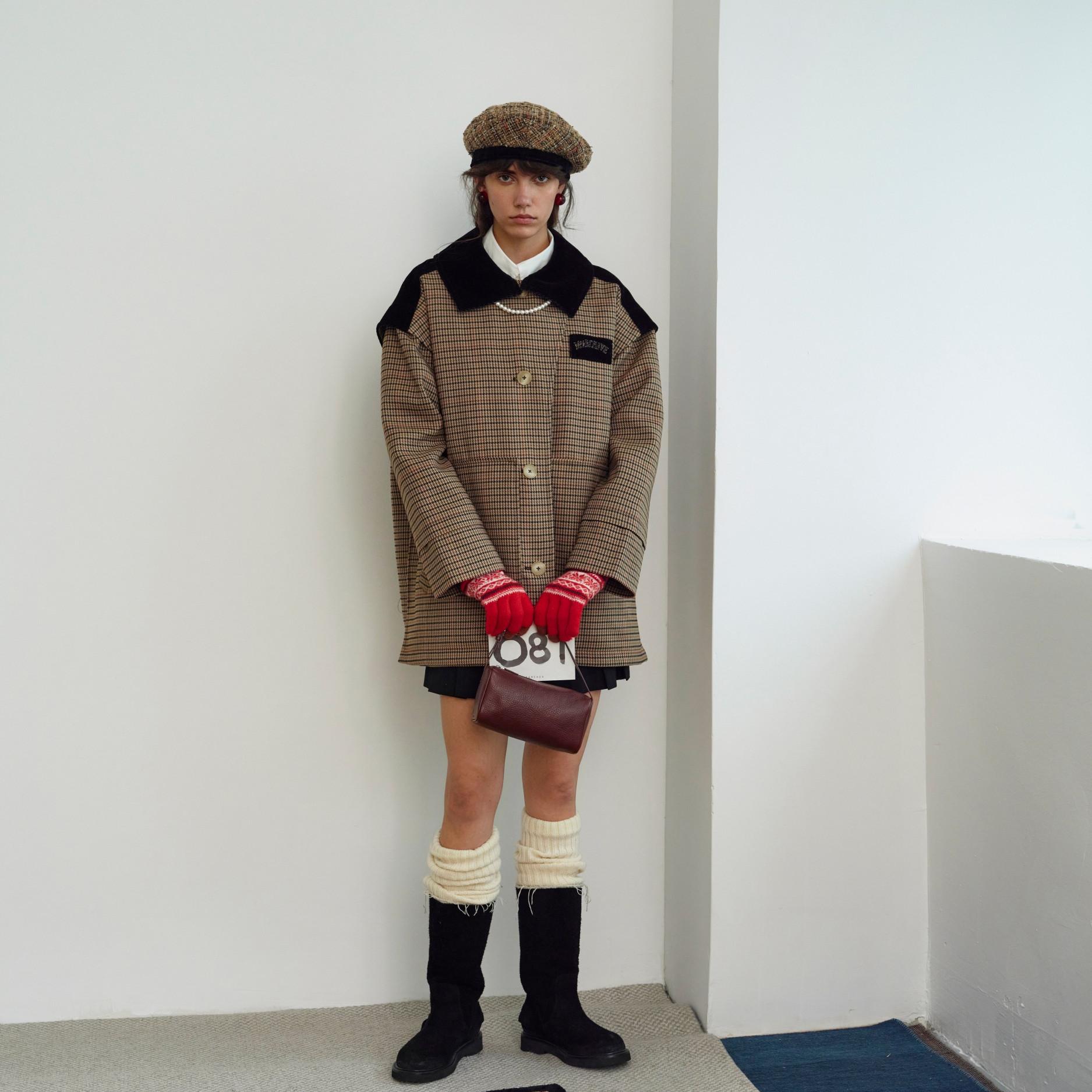 MARCHEN茧型格纹棉衣外套女冬厚