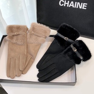 新款毛绒手套女冬季防寒保暖骑行电动车防冻麂皮绒手套百搭可触屏