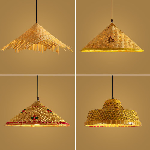 竹编斗笠草帽吊灯茅草稻草灯具