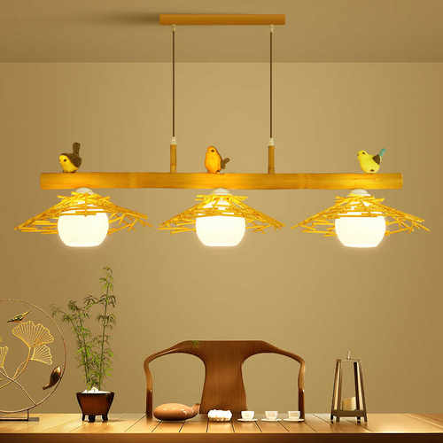 新中式餐厅吊灯三头创意个性饭厅吧台茶室民宿酒店小鸟艺术竹编灯