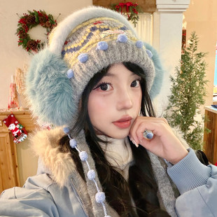 费尔岛风针织护耳帽女冬季加厚保暖防寒大头围显脸小毛线帽子耳罩