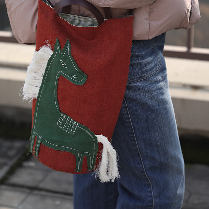 新年限定 纯亚麻红色桶包长桶包斜挎包手拎包贴布绣马年,箱包皮具/热销女包/男包,通用款女包,淘宝优惠券,粉丝福利购,淘宝优惠卷