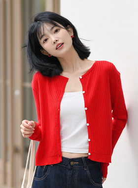 TOANDFRO/2025春夏新品圆领针织红色开衫女