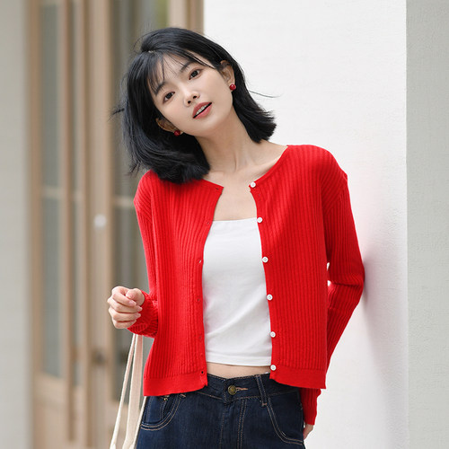 TOANDFRO/2025春夏新品圆领针织红色开衫女