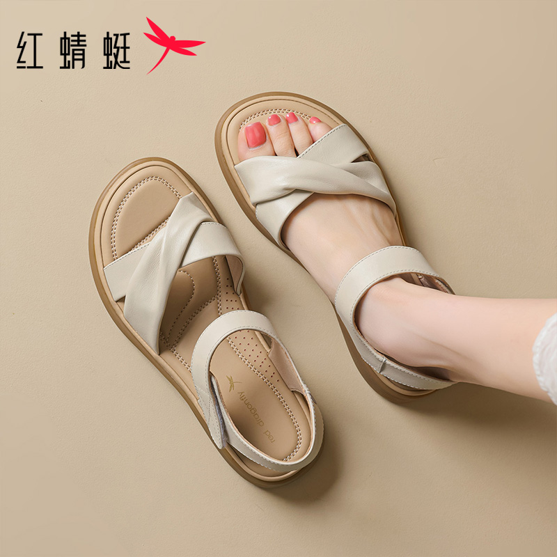 红蜻蜓女鞋2025夏季新款妈妈凉鞋牛皮软底鞋子舒适平底中老年凉鞋