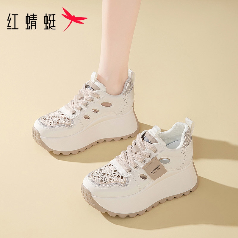 红蜻蜓厚底老爹鞋女2026年春夏新款女鞋网面透气镂空小个子松糕鞋
