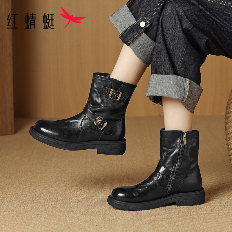 红蜻蜓真皮西部短靴牛仔马丁靴