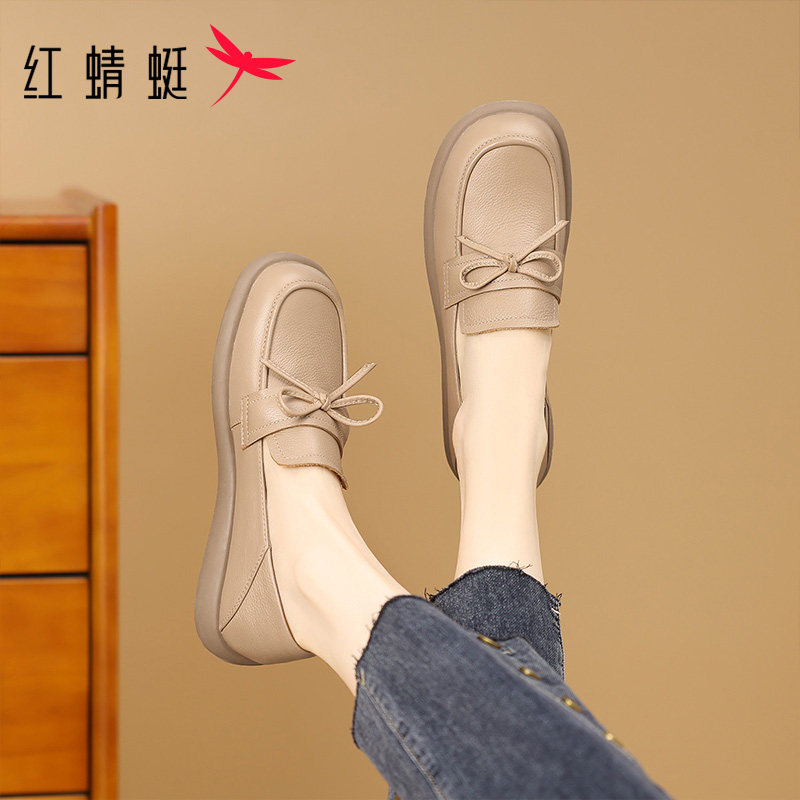 红蜻蜓妈妈鞋2026春夏新款休闲鞋时尚牛皮女鞋舒适软底乐福鞋女款