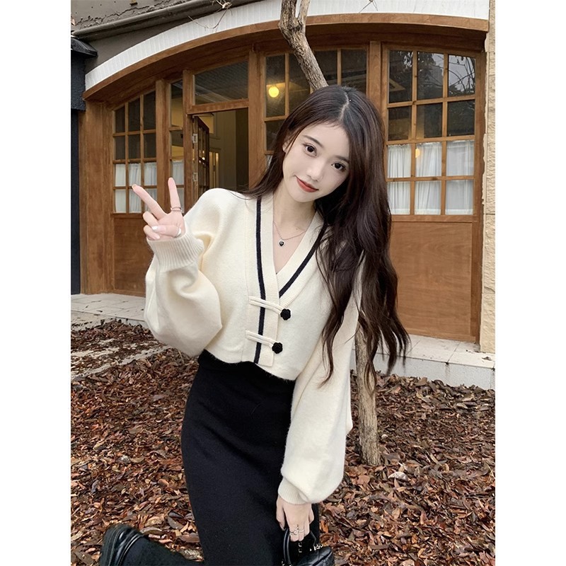 春秋新款复古别致甜美减龄盘扣长袖毛衣外套女针织高腰小开衫