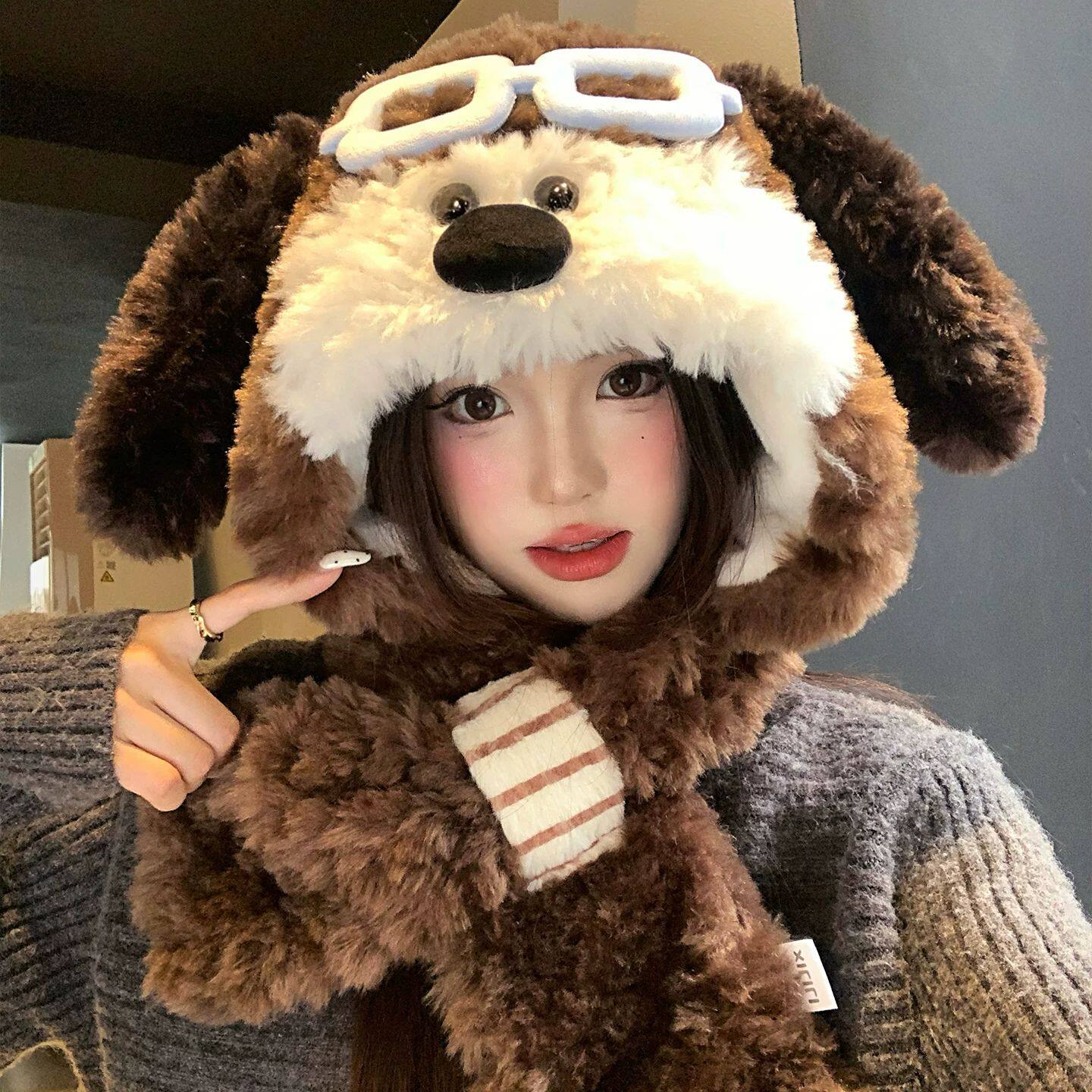 可爱眼镜小狗毛绒帽子围巾一体女冬季保暖加厚滑雪防寒雷锋护耳帽