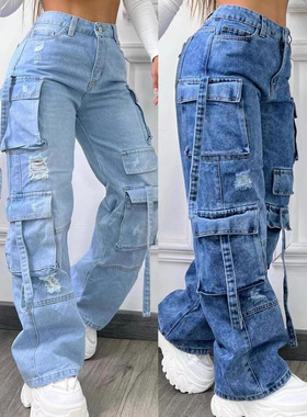 2025 欧美时尚纯色百搭大码高腰多口袋休闲工装牛仔长裤