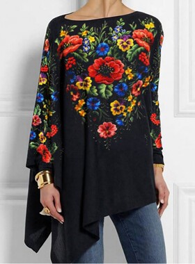 套头长袖3D抽象复古印花宽松型圆领都市休闲女式T恤