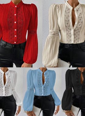 24季新品欧美时尚蕾丝拼接灯笼长袖纯色立领衬衫