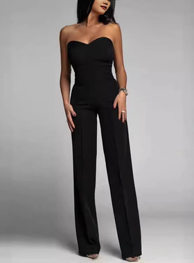 季女装欧美新品性感修身抹胸直筒连体裤