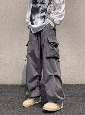 美式vintage复古工装休闲裤男高街情侣宽松机能风抽绳束脚长裤子