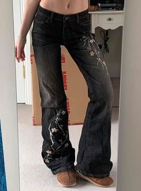 ebay复古中式植物花卉刺绣水洗磨白低腰直筒裤个性显瘦微喇牛仔裤