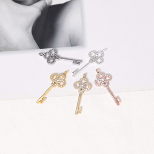 diy饰品手工配件 镶锆吊坠 18K包金保色镶锆石幸运钥匙项链个性