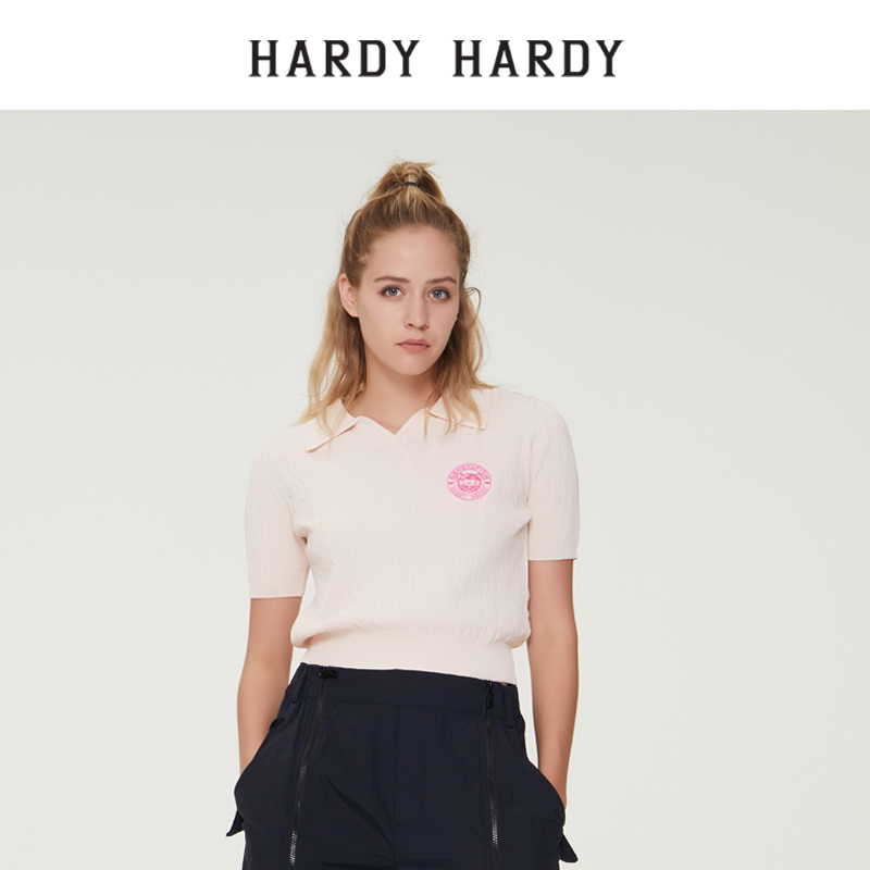 HARDY HARDY夏季新款宽松翻领刺绣字母短袖针织T恤女短款体恤上衣