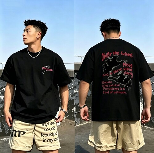 美式复古恶魔之手印花短袖T恤男