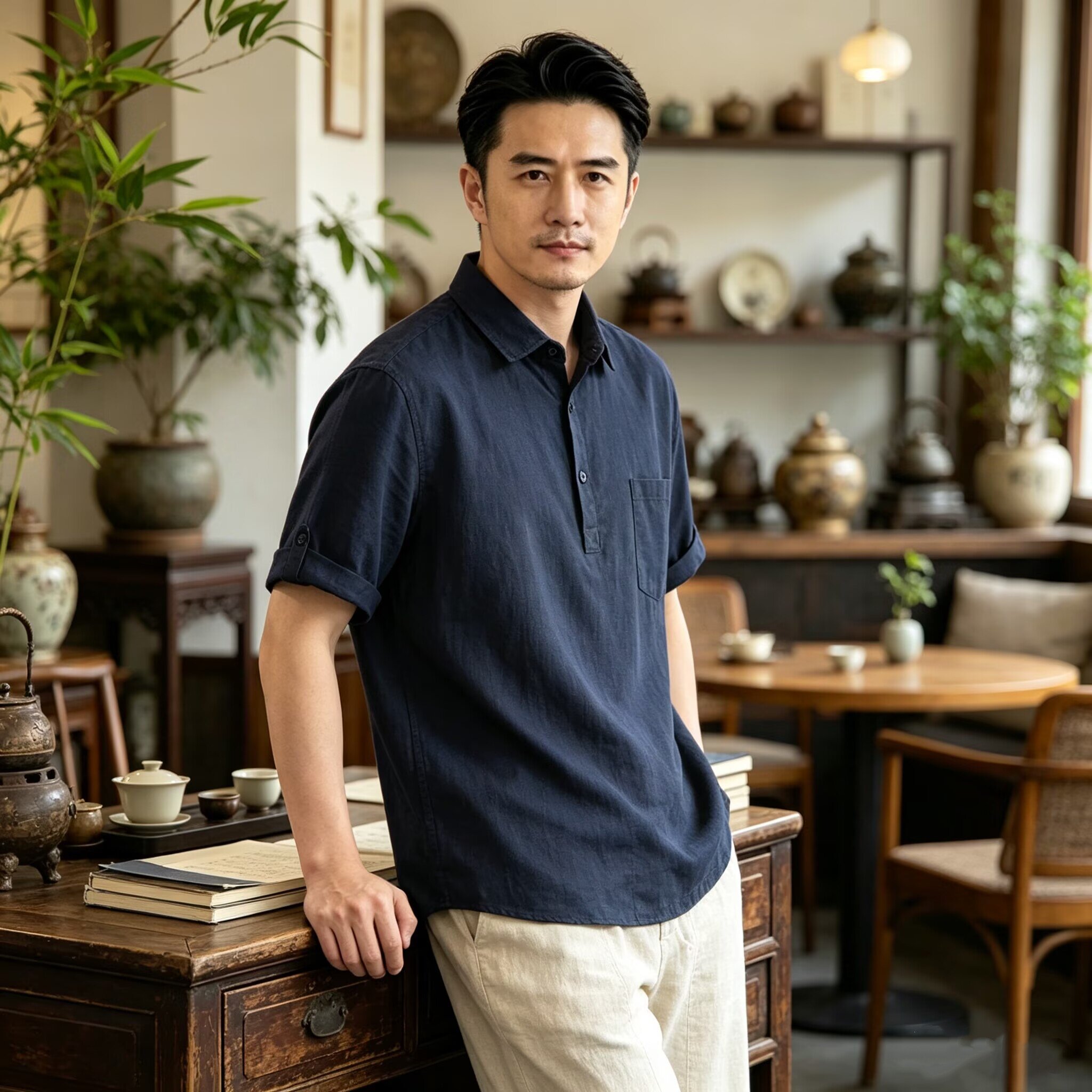 夏季中式儒雅亚麻中青年套头衬衫