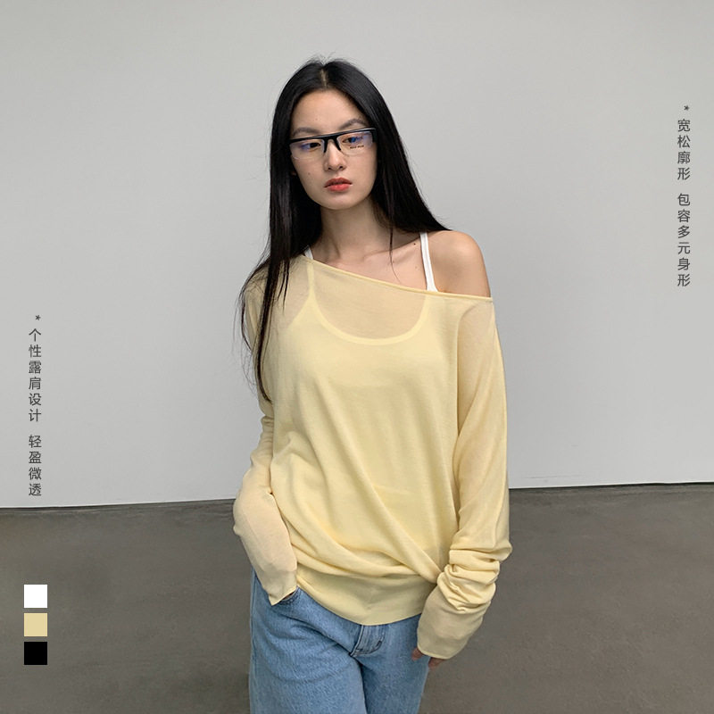 慵懒轻薄天丝棉醋酸针织罩衫女新款透视斜肩宽松一字领蝙蝠袖上衣