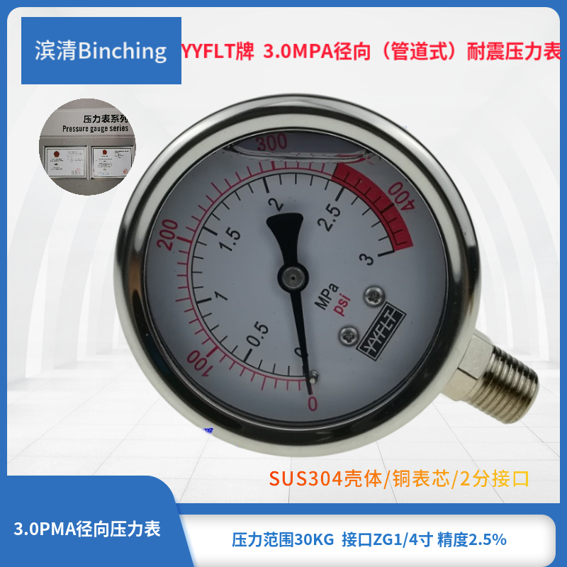 滨清  YN60耐震压力表 0-3.0MPA 径向不锈钢压力表  防震压力表
