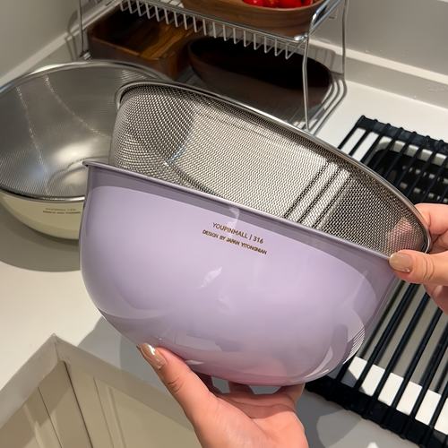 奶油风沥水篮不锈钢洗菜盆家用厨房料理拌菜洗菜和面彩色沙拉碗