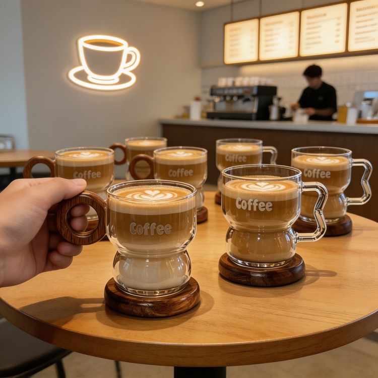 高硼硅玻璃咖啡杯马克杯带杯托木柄牛奶早餐杯食品级耐高温办公室