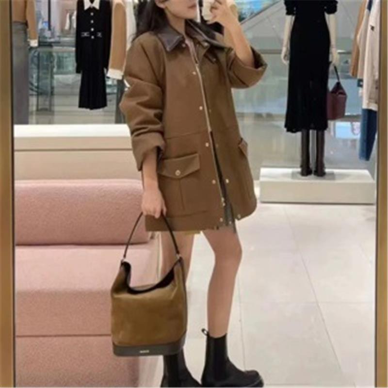 S法式小众2025秋冬新款时尚美拉德拼色PU皮翻领落肩夹棉风衣中长