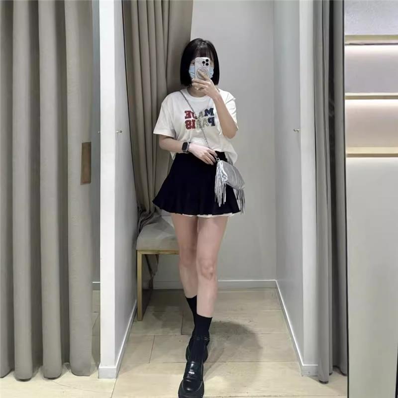 法式小众2025早秋新款女装撞色边黑色百褶半身裙蓬蓬短裙M