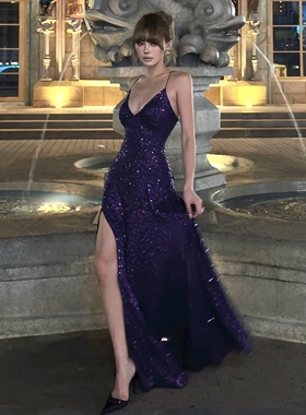 HunterGirl“紫夜”正品原创高级感亮片吊带连衣裙女收腰生日礼服